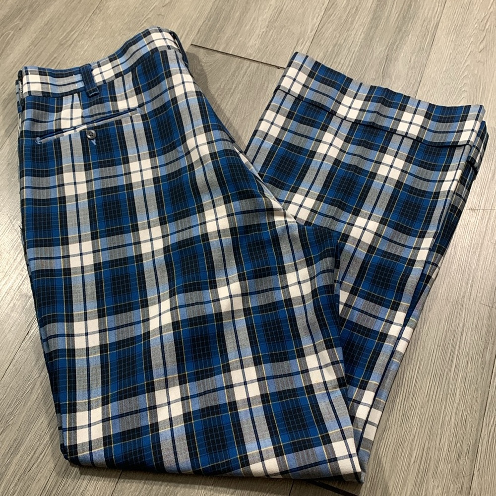 Farah Vintage Made in USA Blue Plaid Cuffed‎ Glare Pants 80’s 80’s size 34